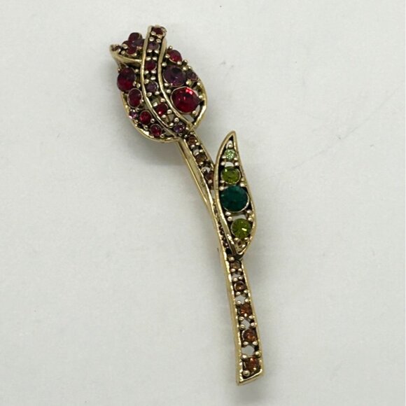Liz Claiborne Vintage Rosebud Brooch Gold-tone Rhinestones in Original Box - Picture 9 of 16